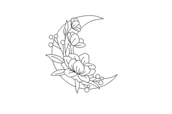 Moon with Flowers: A Delicate Embroidery Design